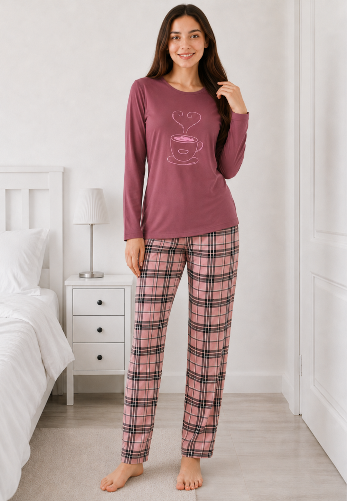 Pijama de damă cu bluză cu maneca lunga și pantaloni lung -Visiniu,Engros